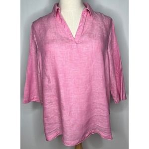 Tahari women's pink linen tunic blouse 3/4 sleeves v-neck shell button sides 1X